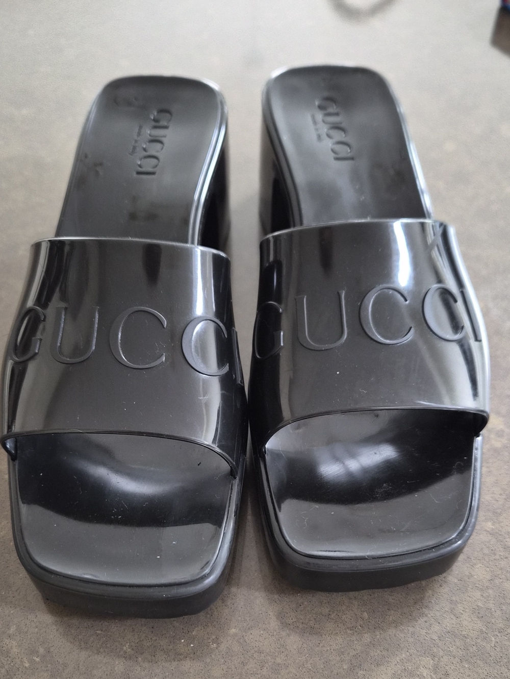 Gucci Black Patent Logo Slide Mules